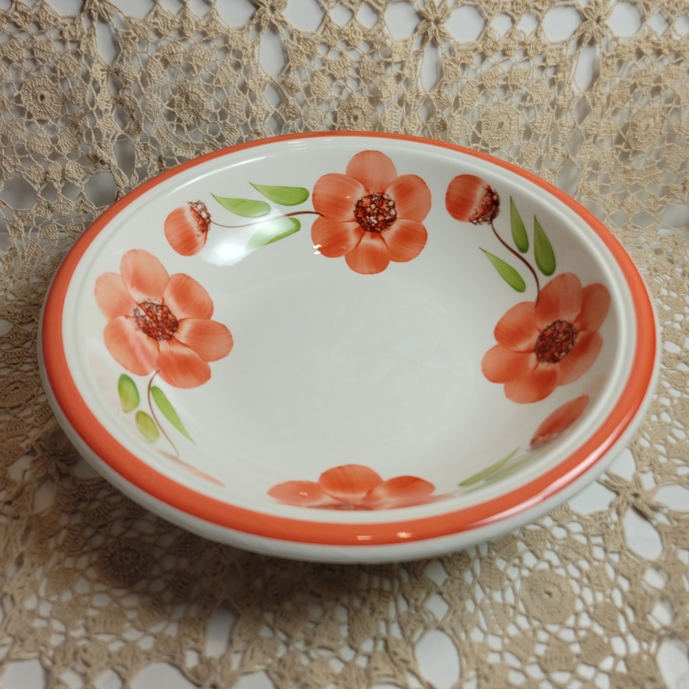 Large Hand Painted Italy Floral Pasta Serving Bowl 13in White Tomato Orange